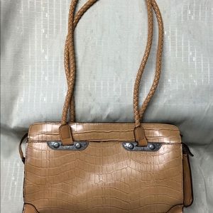 Leather Faux Croc Shoulder Bag Tan Braided Straps